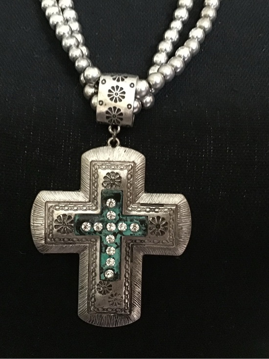 Jewelry - Silver Cross Pendant Necklace with Teal Inlay and Crystal Accents